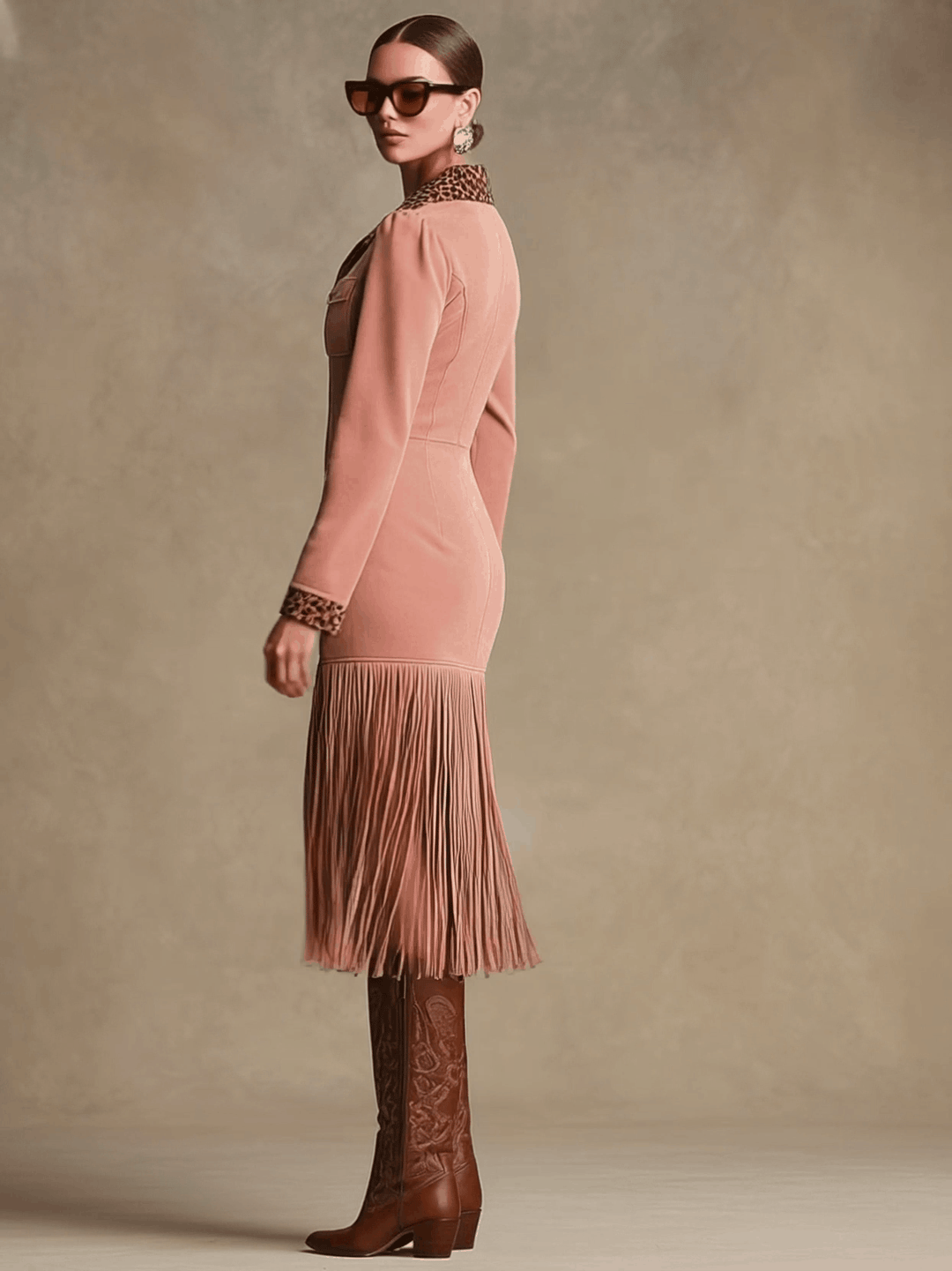 Cäcilia - Midikleid Western im Retro-Stil aus Kunstwildleder Leopardenmuster mit Reißverschluss und Fransen