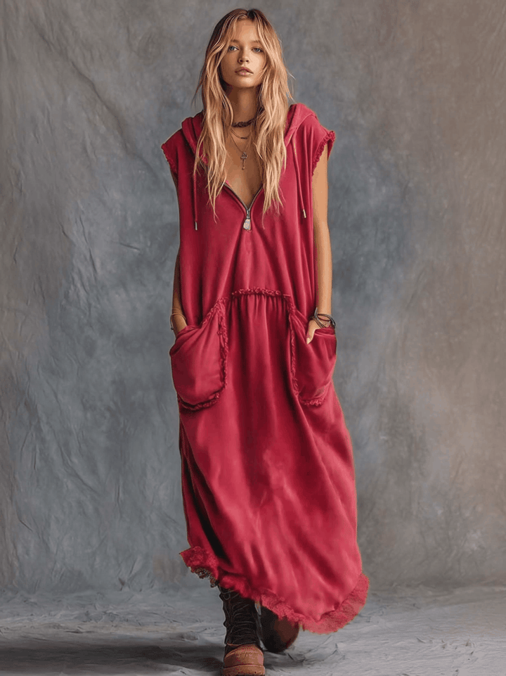 Amelie - Maxikleid lässig Retro aus Leinen mit Reißverschluss und V-Ausschnitt und ärmellosem Schnitt
