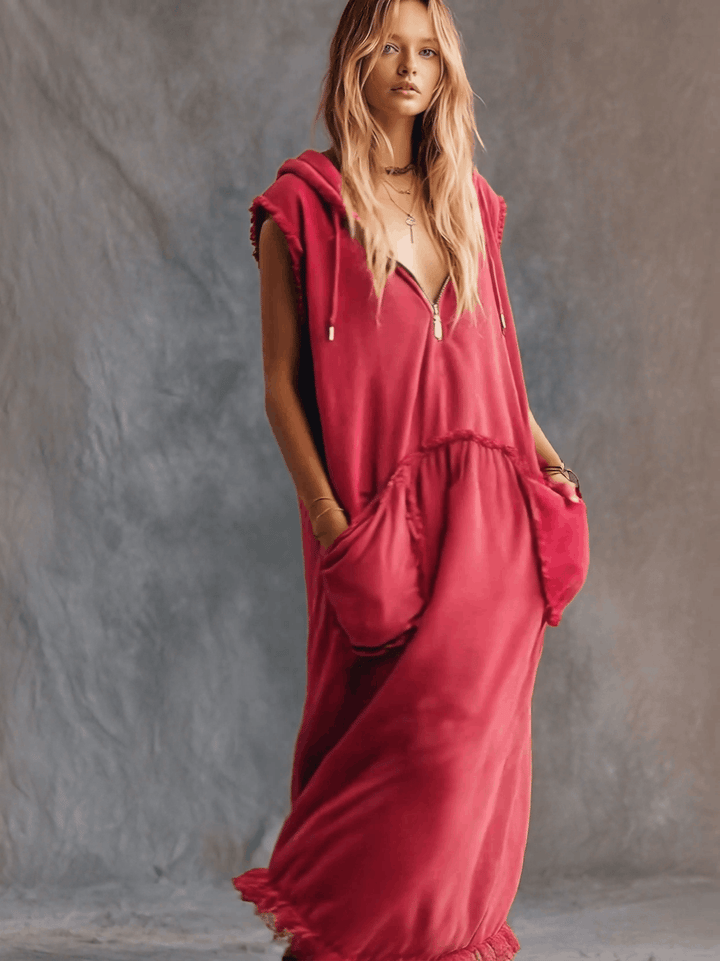 Amelie - Maxikleid lässig Retro aus Leinen mit Reißverschluss und V-Ausschnitt und ärmellosem Schnitt