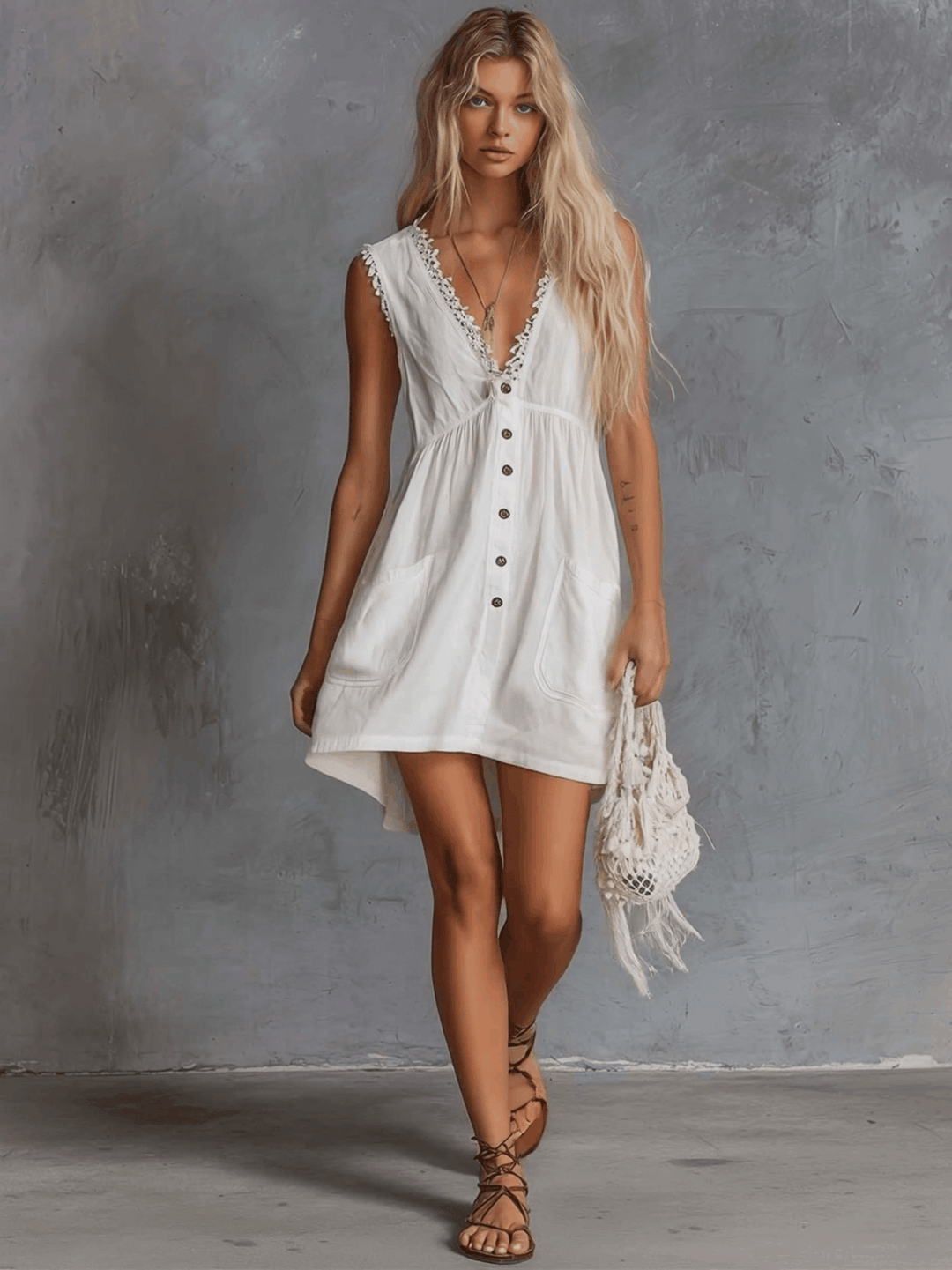 Marla - Elegantes Minikleid Retro aus Leinen mit V-Ausschnitt und Knöpfen ärmellos