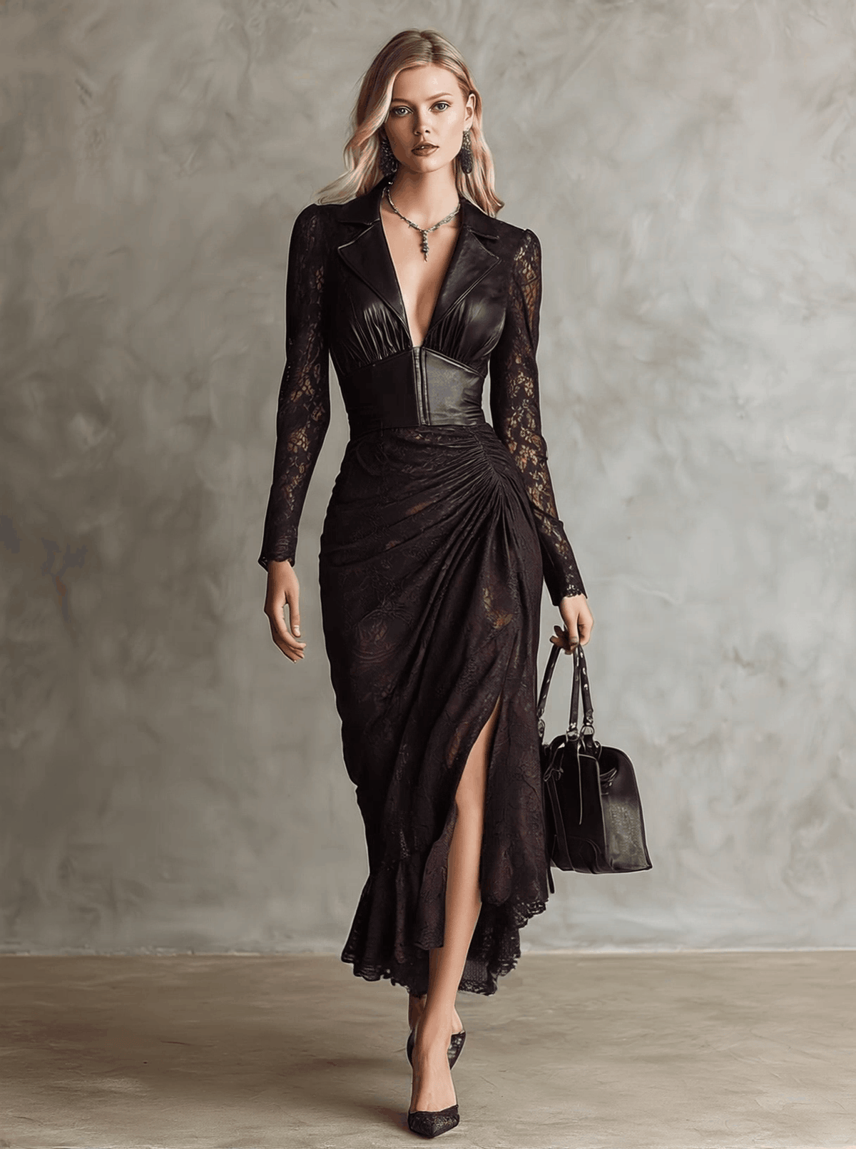Finja - Maxikleid Retro für besondere Abende aus Spitze mit V-Ausschnitt und Einsätze aus Spitze