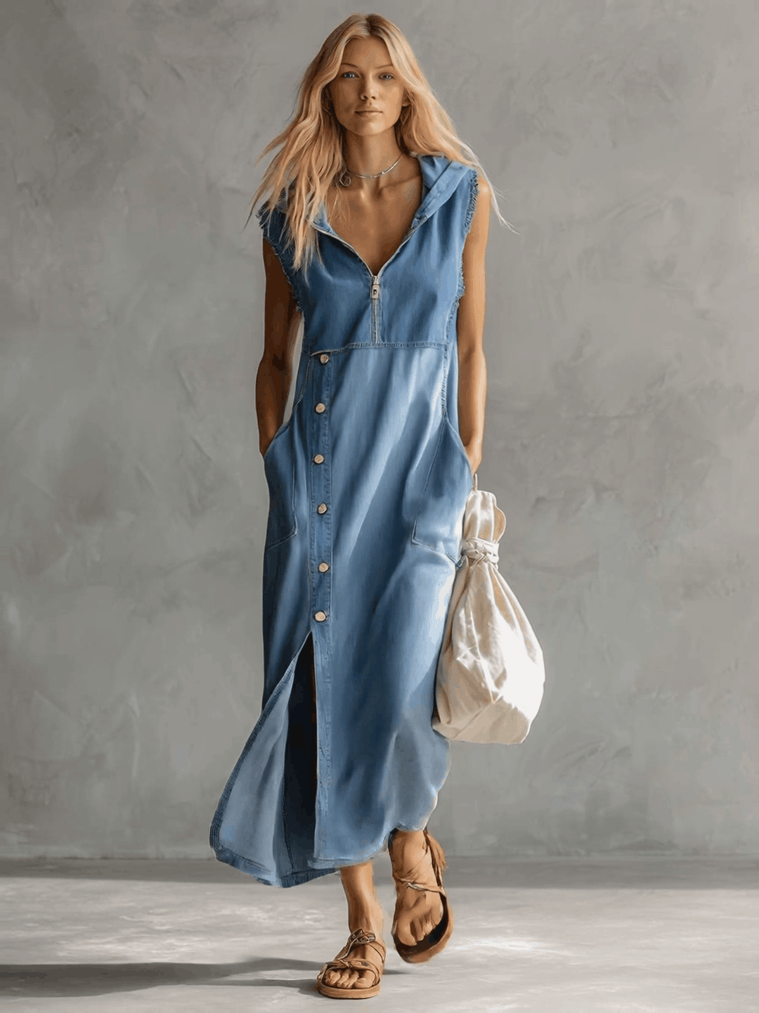 Nadja - Midikleid lässig Retro aus Jeansstoff Farbverlauf mit Reißverschluss und V-Ausschnitt und ärmellosem Schnitt