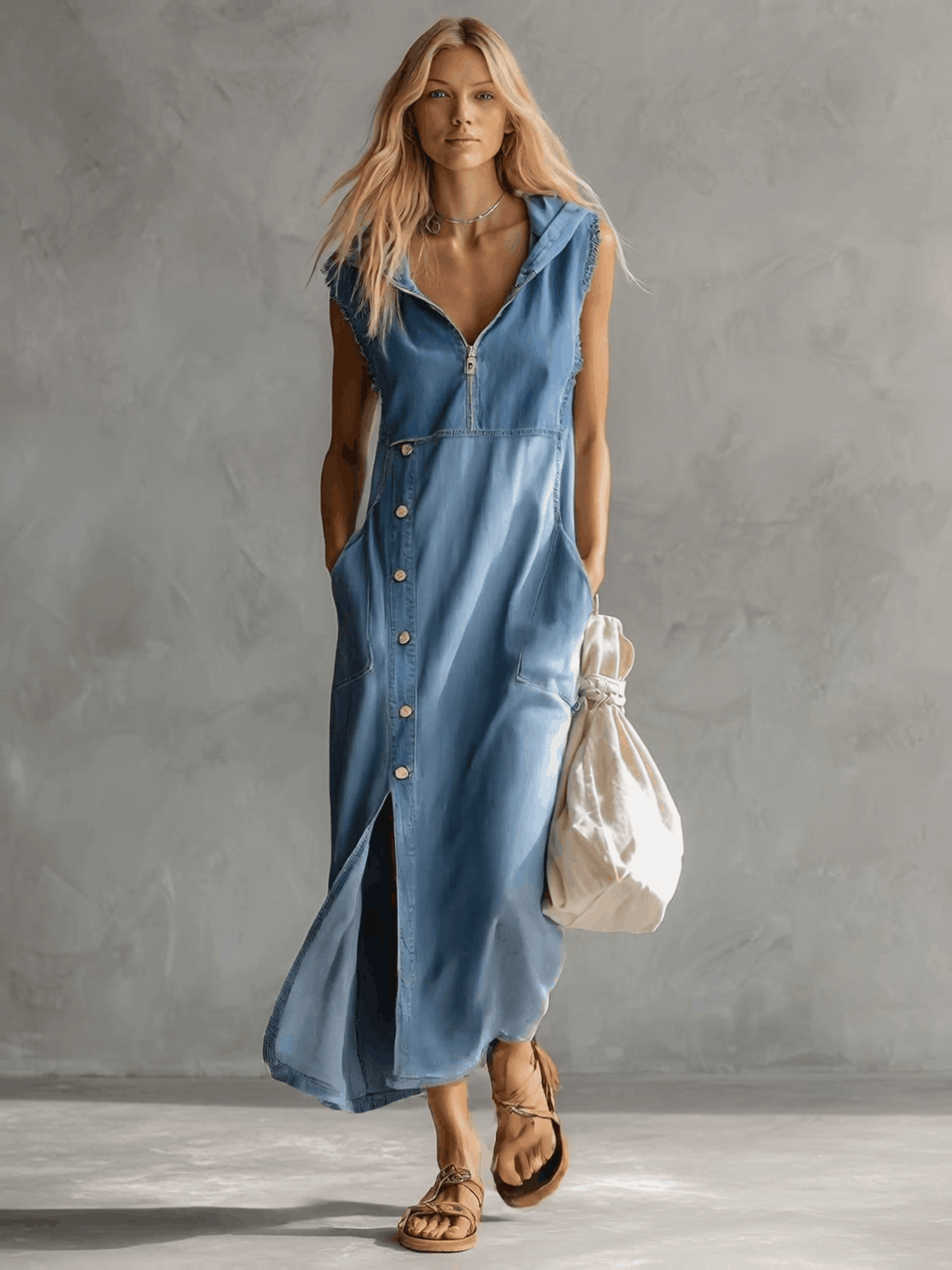 Nadja - Midikleid lässig Retro aus Jeansstoff Farbverlauf mit Reißverschluss und V-Ausschnitt und ärmellosem Schnitt