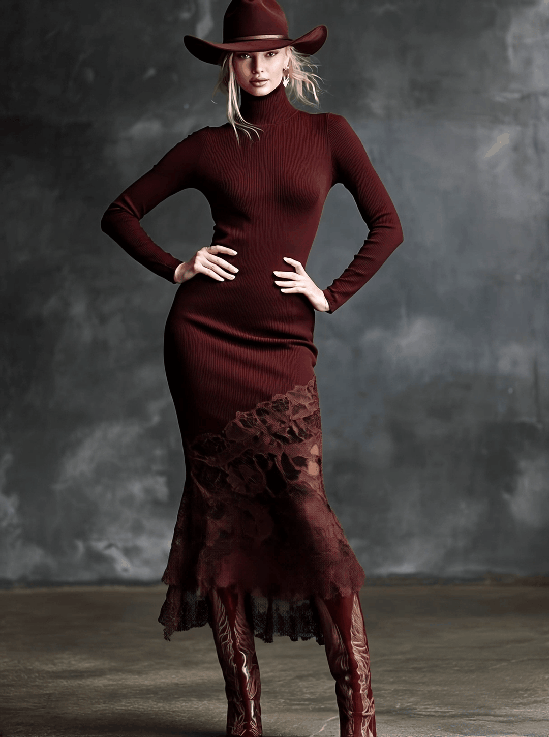 Edeltraud - Elegantes Maxikleid Western aus Strick mit Einsätzen aus Spitze