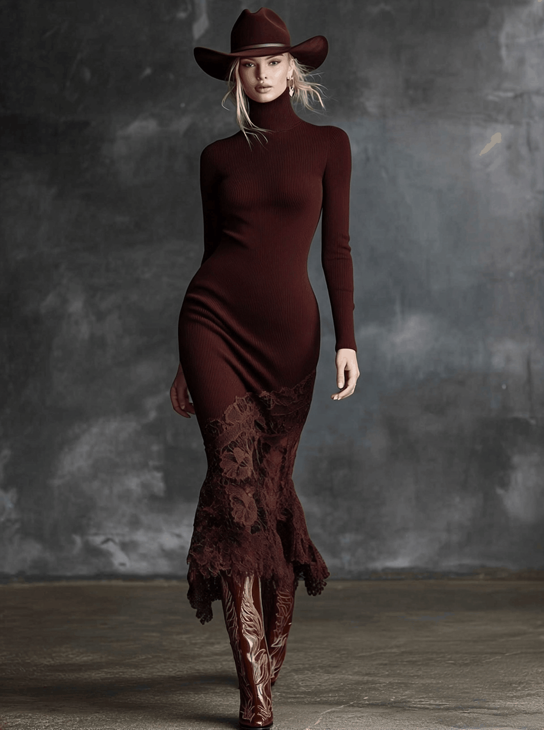 Edeltraud - Elegantes Maxikleid Western aus Strick mit Einsätzen aus Spitze