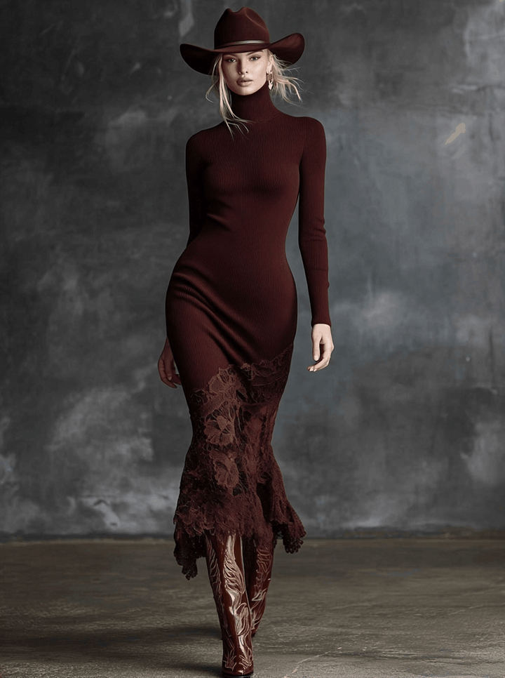 Edeltraud - Elegantes Maxikleid Western aus Strick mit Einsätzen aus Spitze