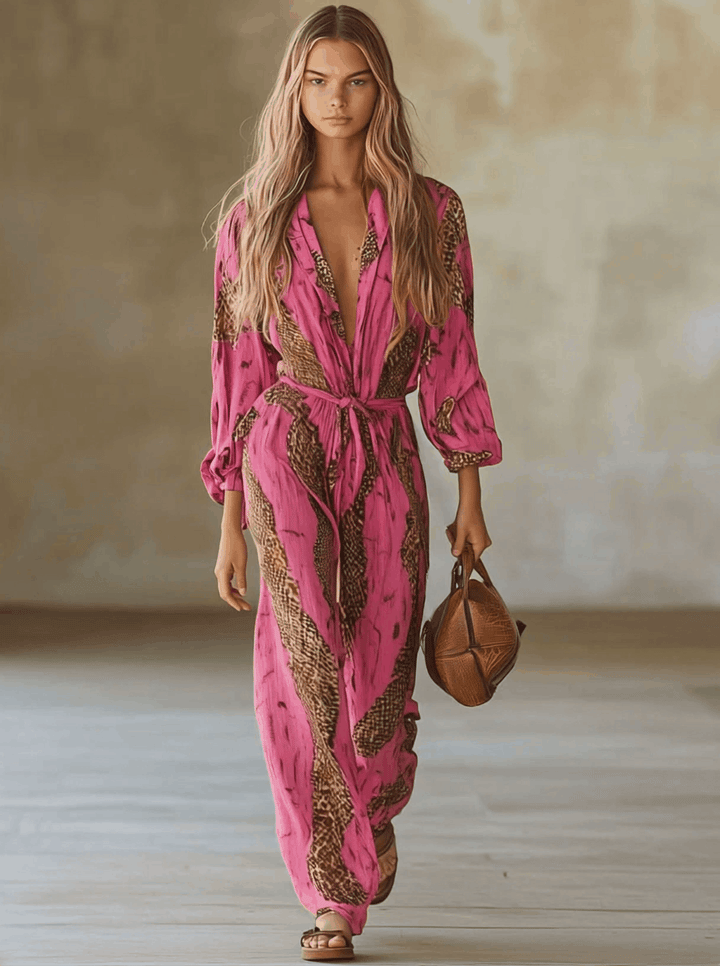 Katharina - Overall lässig für besondere Abende aus Chiffon Leopardenmuster mit V-Ausschnitt