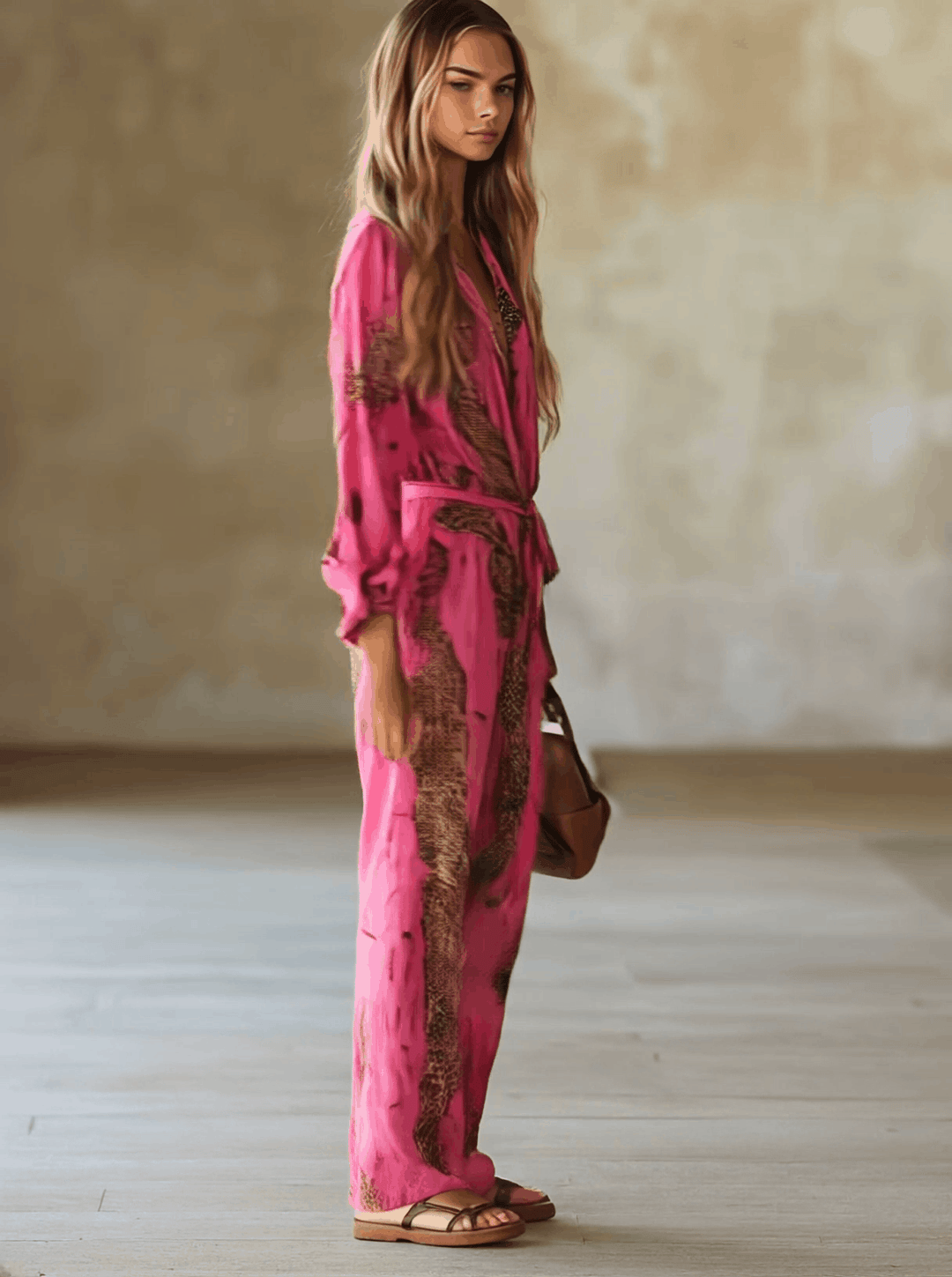 Katharina - Overall lässig für besondere Abende aus Chiffon Leopardenmuster mit V-Ausschnitt