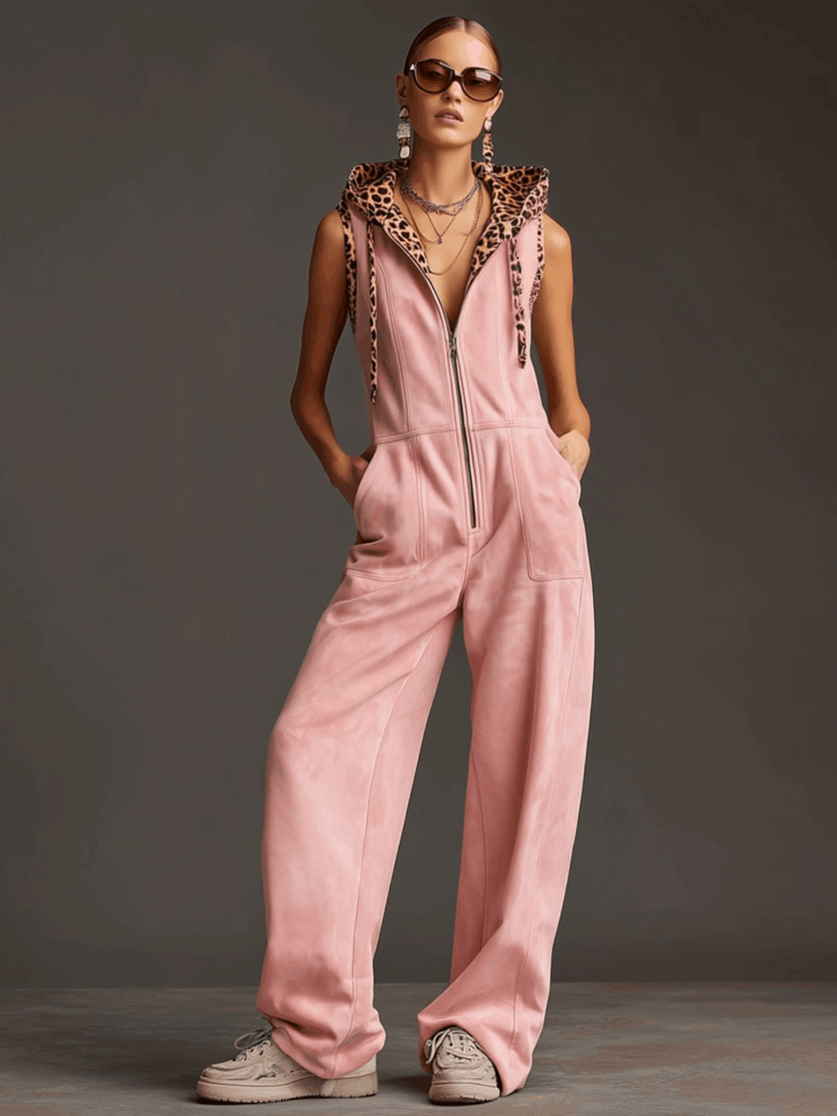 Marga - Overall Western im Retro-Stil aus Kunstwildleder Leopardenmuster mit Reißverschluss und Kapuze ärmellos