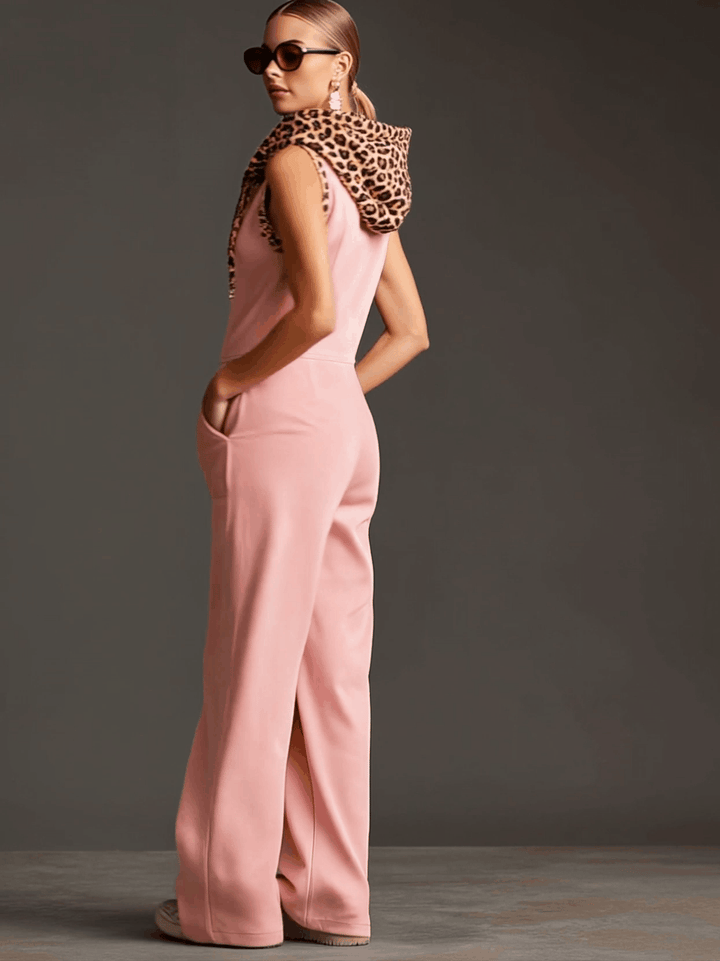 Marga - Overall Western im Retro-Stil aus Kunstwildleder Leopardenmuster mit Reißverschluss und Kapuze ärmellos