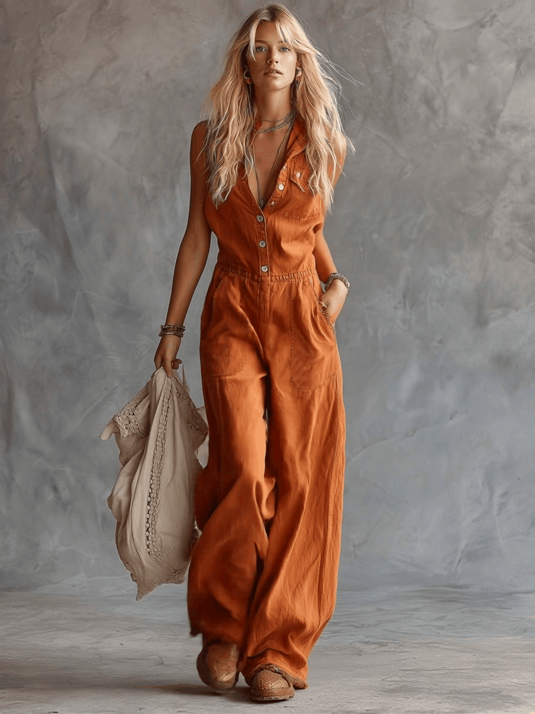 Hilda - Overall lässig Western aus Leinen mit V-Ausschnitt und Knöpfen ärmellos