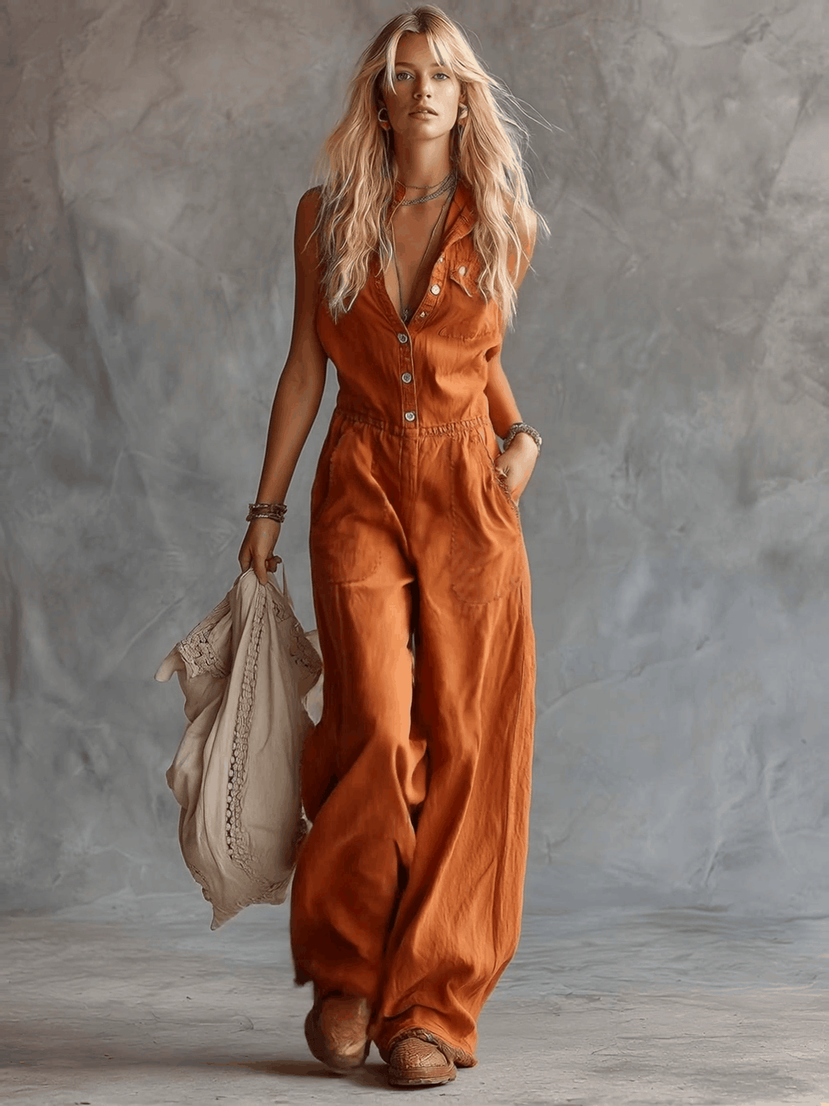 Hilda - Overall lässig Western aus Leinen mit V-Ausschnitt und Knöpfen ärmellos