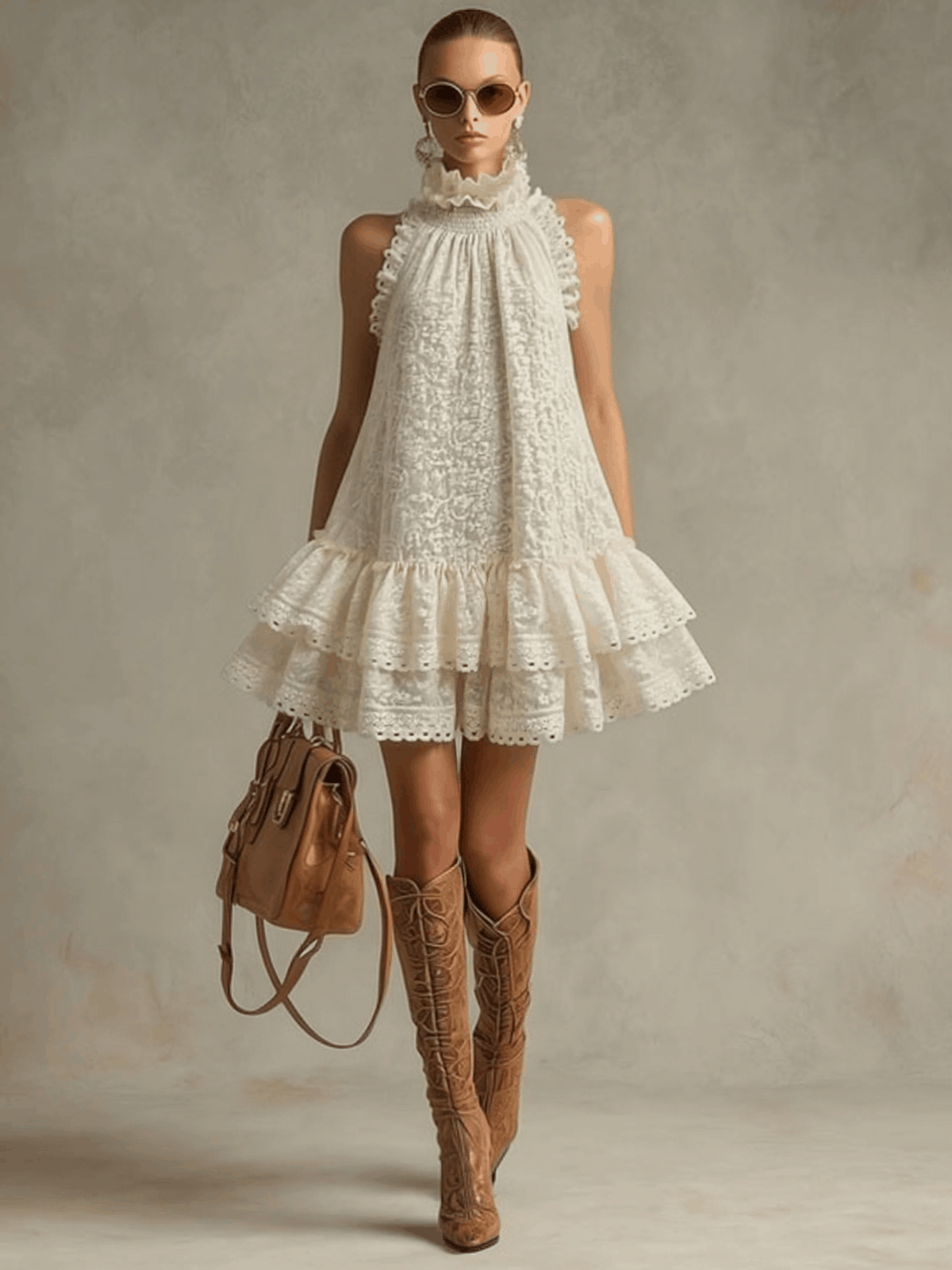 Hilde - Minikleid Western im Retro-Stil aus Spitze mit Volants und Kragen ärmellos