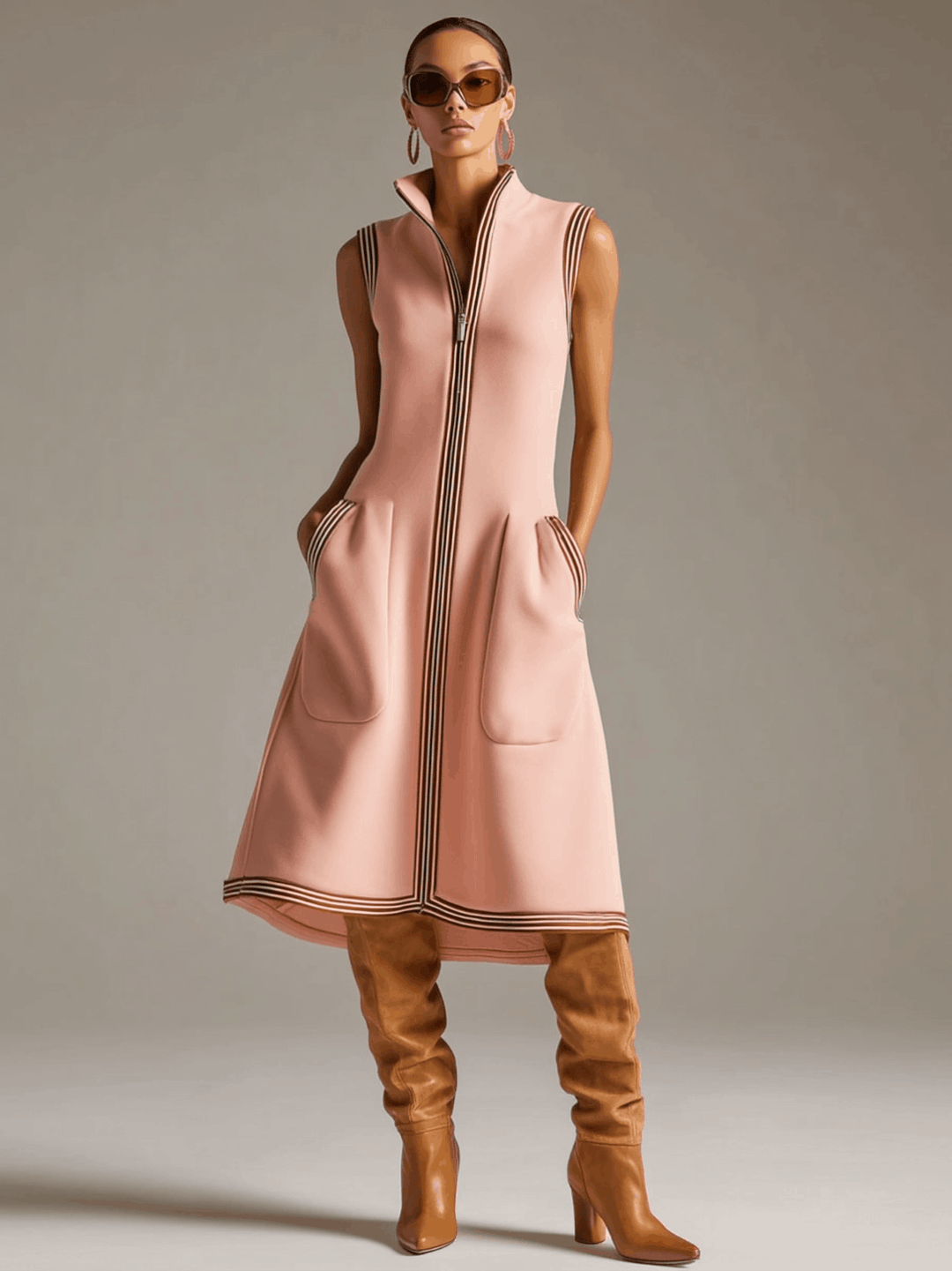 Emma - Midikleid Western im Retro-Stil aus technischem Gewebe gestreift mit Kragen ärmellos