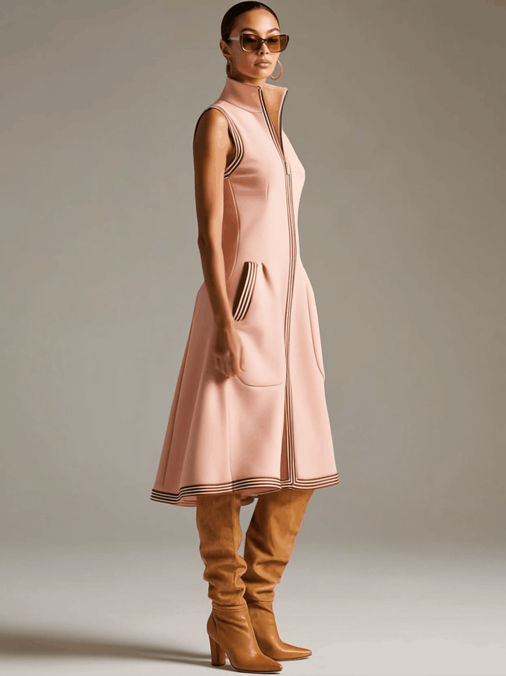 Emma - Midikleid Western im Retro-Stil aus technischem Gewebe gestreift mit Kragen ärmellos