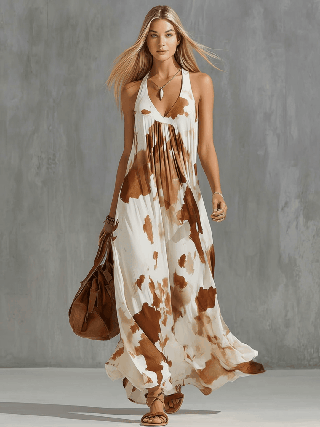 Marie - Maxikleid Western im Retro-Stil aus Chiffon mit V-Ausschnitt und ärmellosem Schnitt