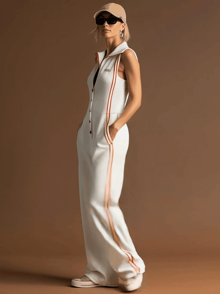 Sophie - Overall Western im Retro-Stil aus technischem Gewebe gestreift mit V-Ausschnitt und ärmellosem Schnitt