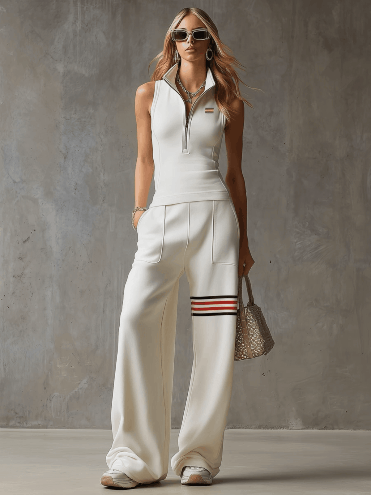 Käthe - Sportliches Hosen-Ensemble im Retro-Stil aus technischem Gewebe gestreift mit Reißverschluss ärmellos