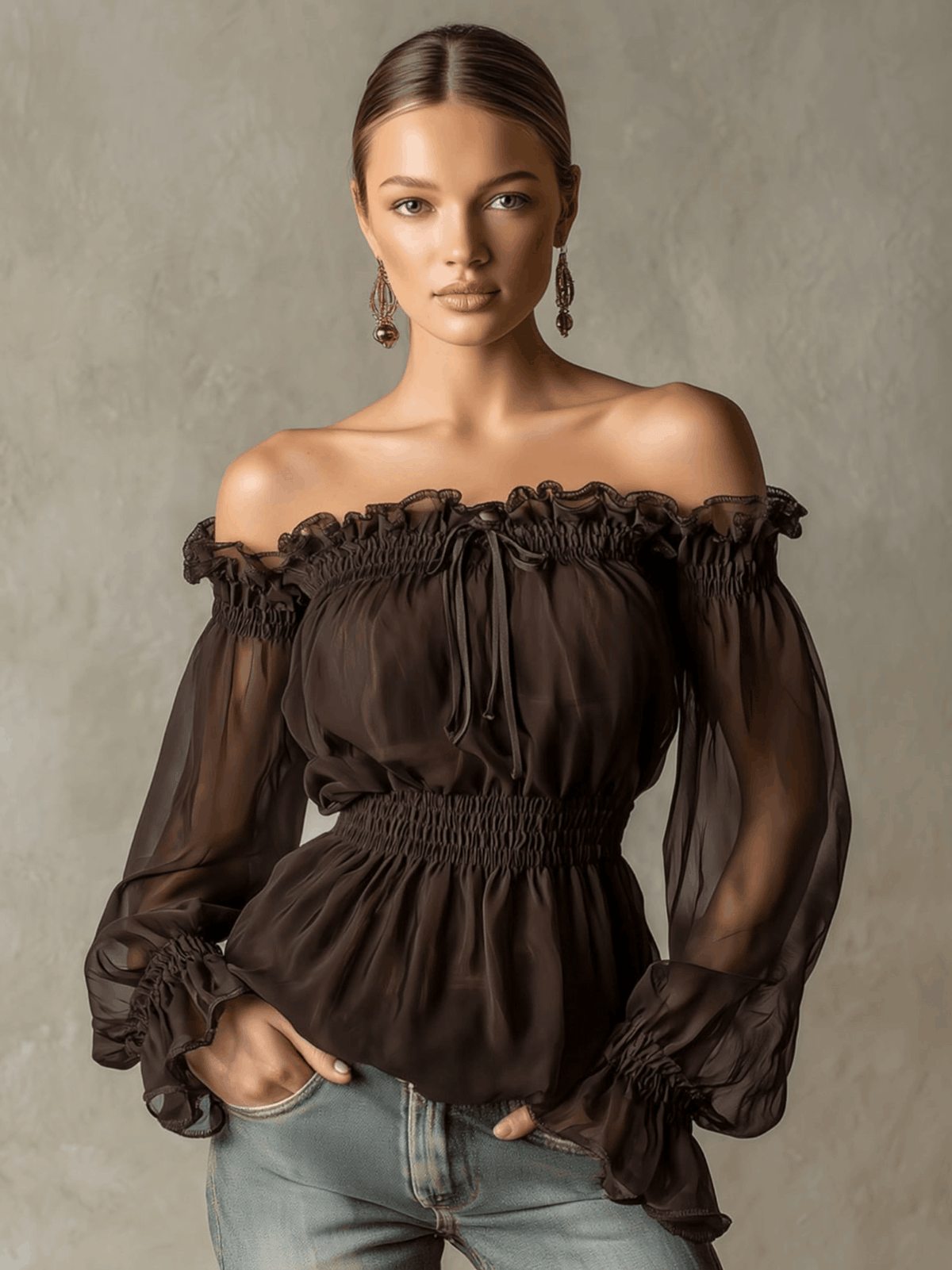 Sigrid - Bluse Western im Retro-Stil aus Chiffon mit Volants und schulterfrei