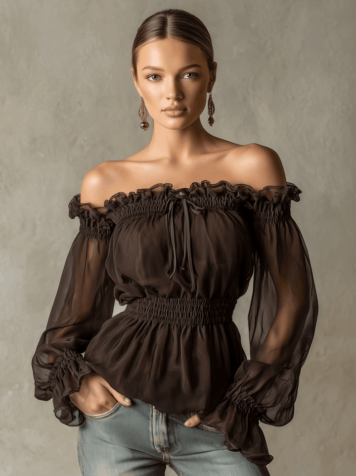 Sigrid - Bluse Western im Retro-Stil aus Chiffon mit Volants und schulterfrei
