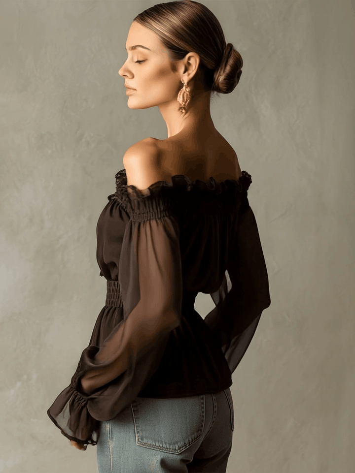 Sigrid - Bluse Western im Retro-Stil aus Chiffon mit Volants und schulterfrei