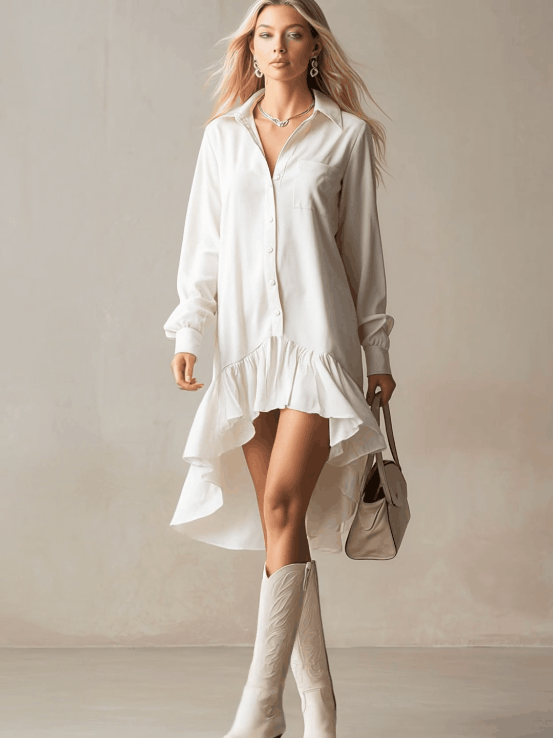Lea - Elegantes Midikleid Western aus Jeansstoff mit Volants und Kragen
