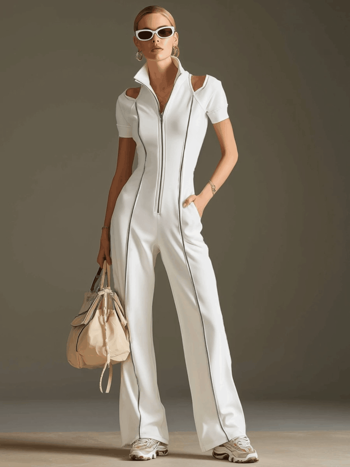 Liselotte - Overall sportlich im Retro-Stil aus technischem Gewebe gestreift mit Kragen
