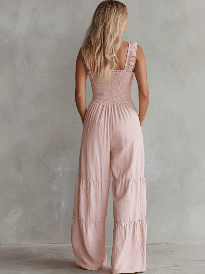 Saskia - Overall lässig Retro aus Leinen mit Volants und V-Ausschnitt und ärmellosem Schnitt