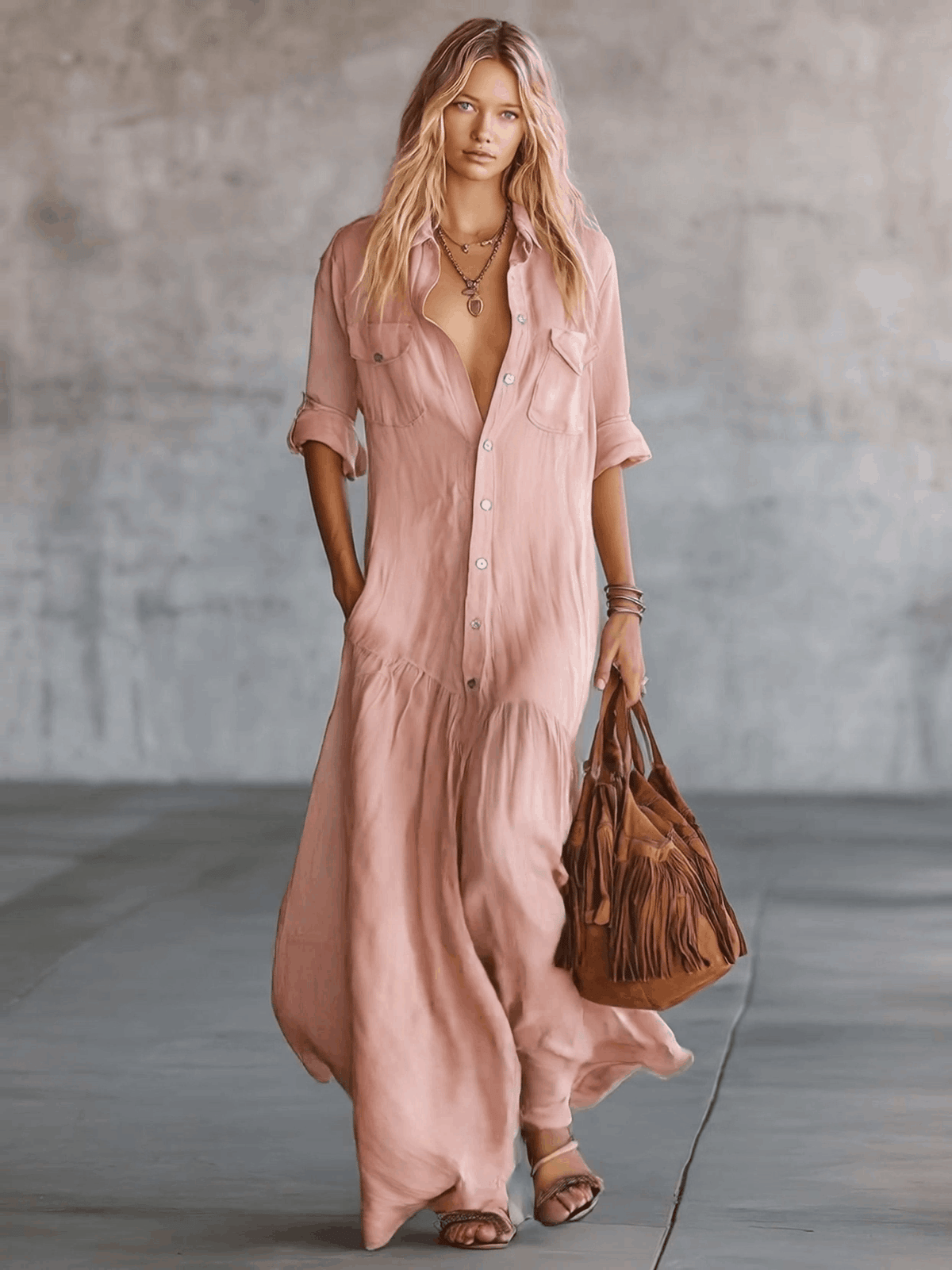 Runa - Maxikleid lässig Retro aus Leinen mit Kragen und V-Ausschnitt