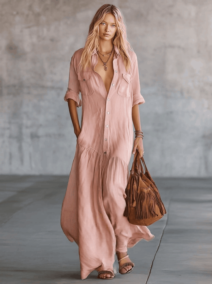 Runa - Maxikleid lässig Retro aus Leinen mit Kragen und V-Ausschnitt
