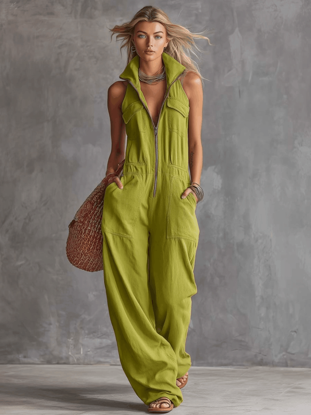 Marita - Overall lässig Retro aus Leinen mit Reißverschluss und Kragen ärmellos