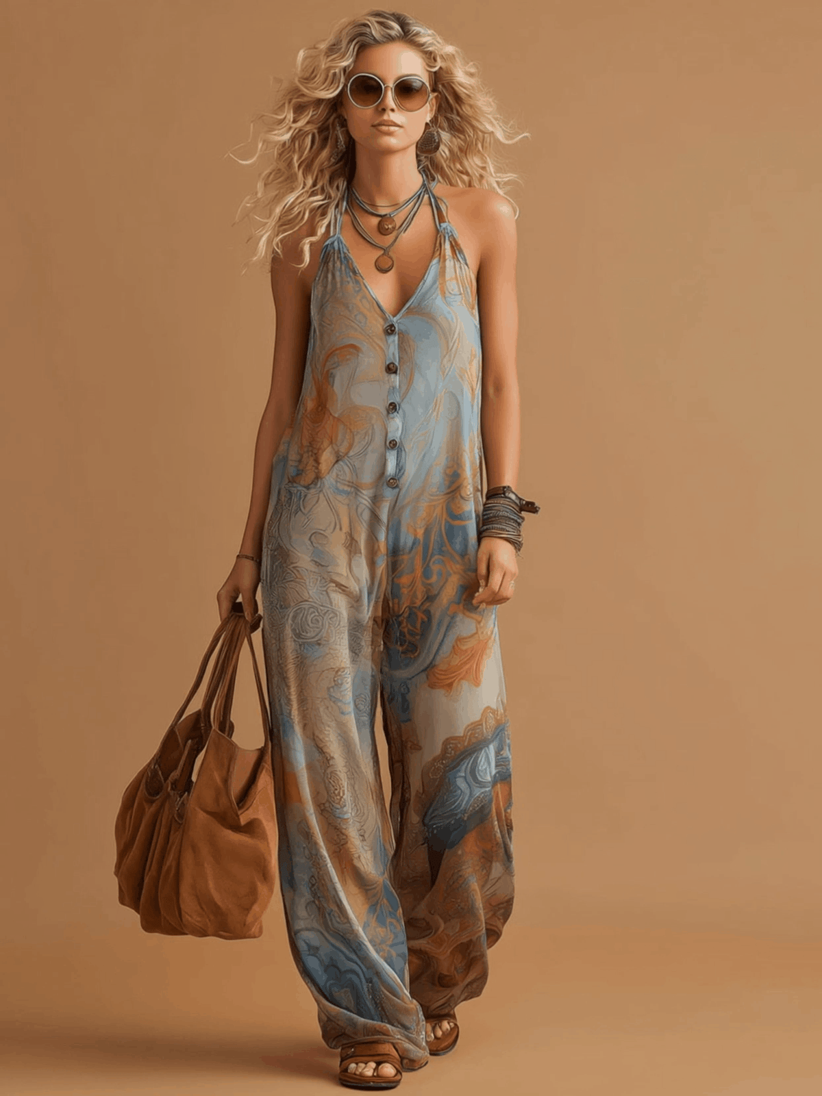 Aurelia - Overall Western im Retro-Stil aus Chiffon abstrakt mit V-Ausschnitt und ärmellosem Schnitt