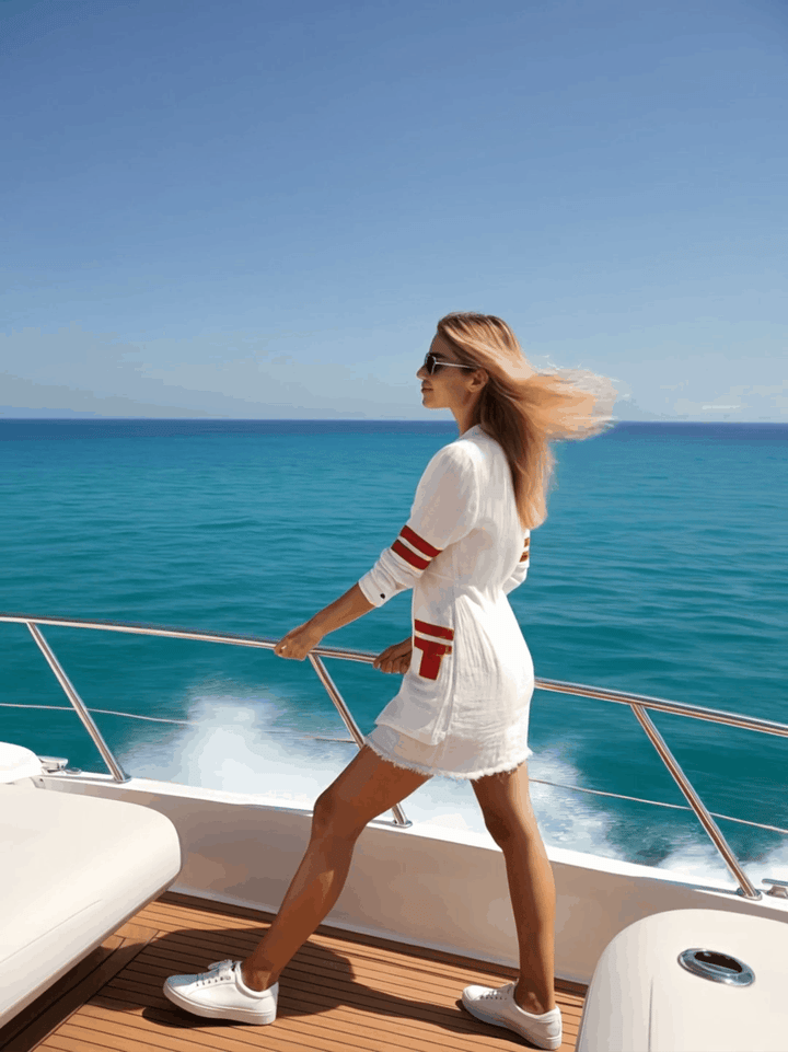Luna - Minikleid sportlich im Retro-Stil aus Leinen im Farbblock-Design mit V-Ausschnitt