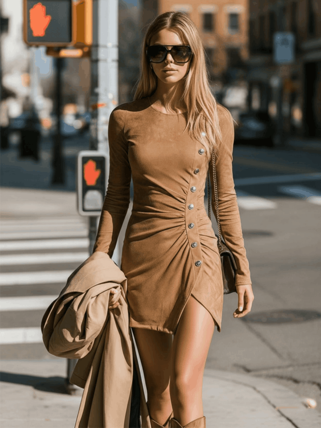 Regina - Minikleid sportlich im Retro-Stil aus Kunstwildleder mit Knöpfenn und Schlitz