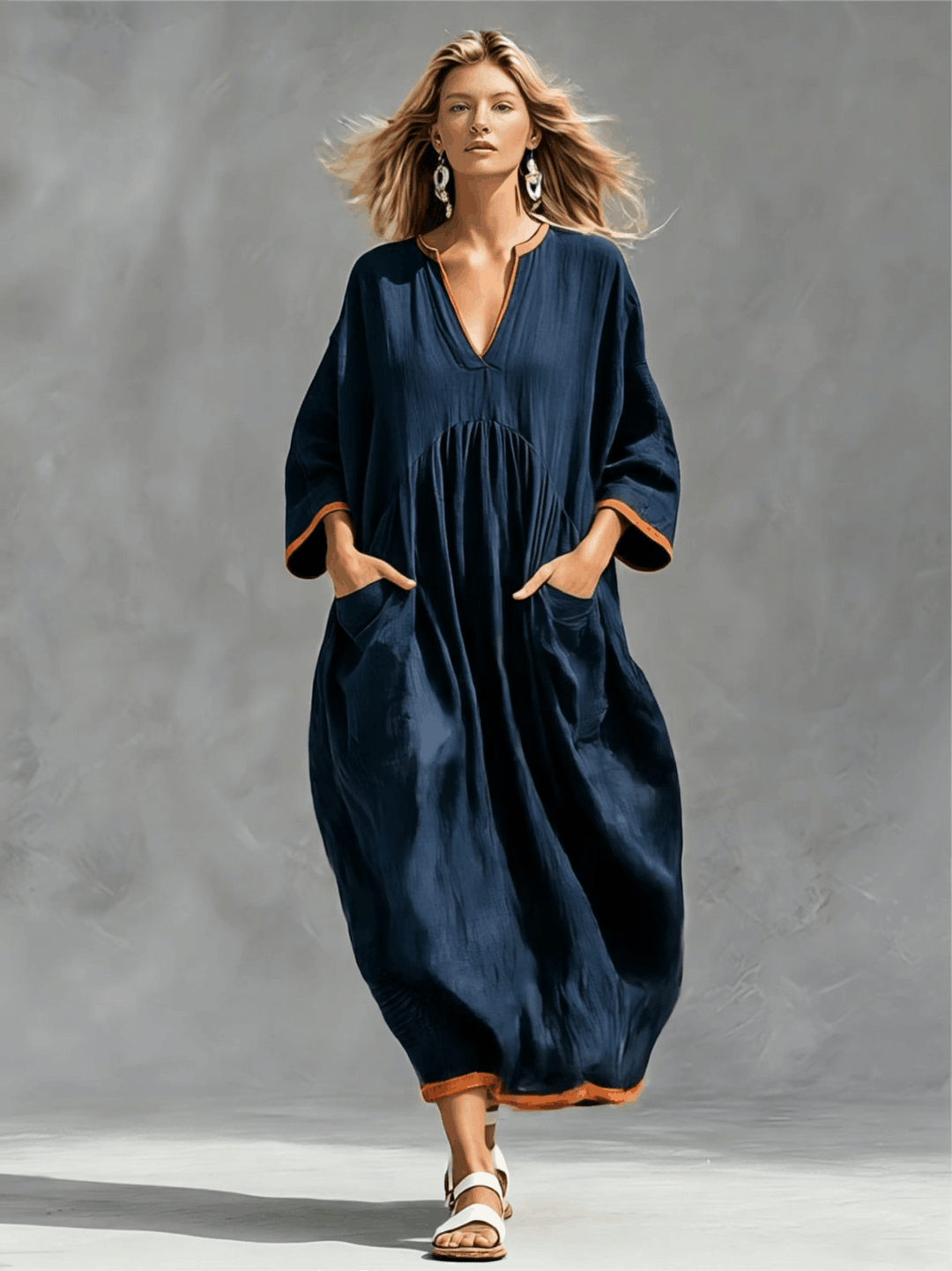 Dora - Midikleid lässig Retro aus Leinen im Farbblock-Design mit V-Ausschnitt