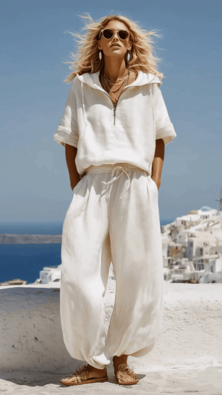 Rita - Ensemble mit shorts Western im Retro-Stil aus Leinen mit Reißverschluss und Kapuze