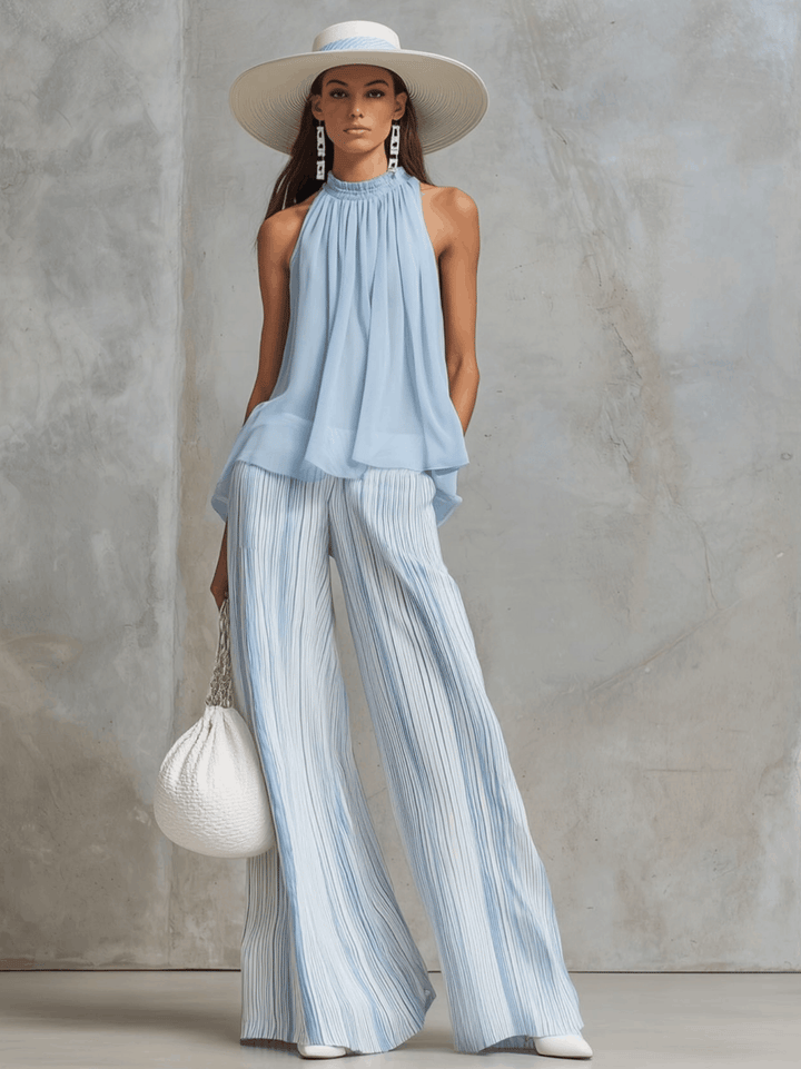 Nadine - Hosen-Urlaubs-Ensemble für den Alltag aus Chiffon gestreift ärmellos