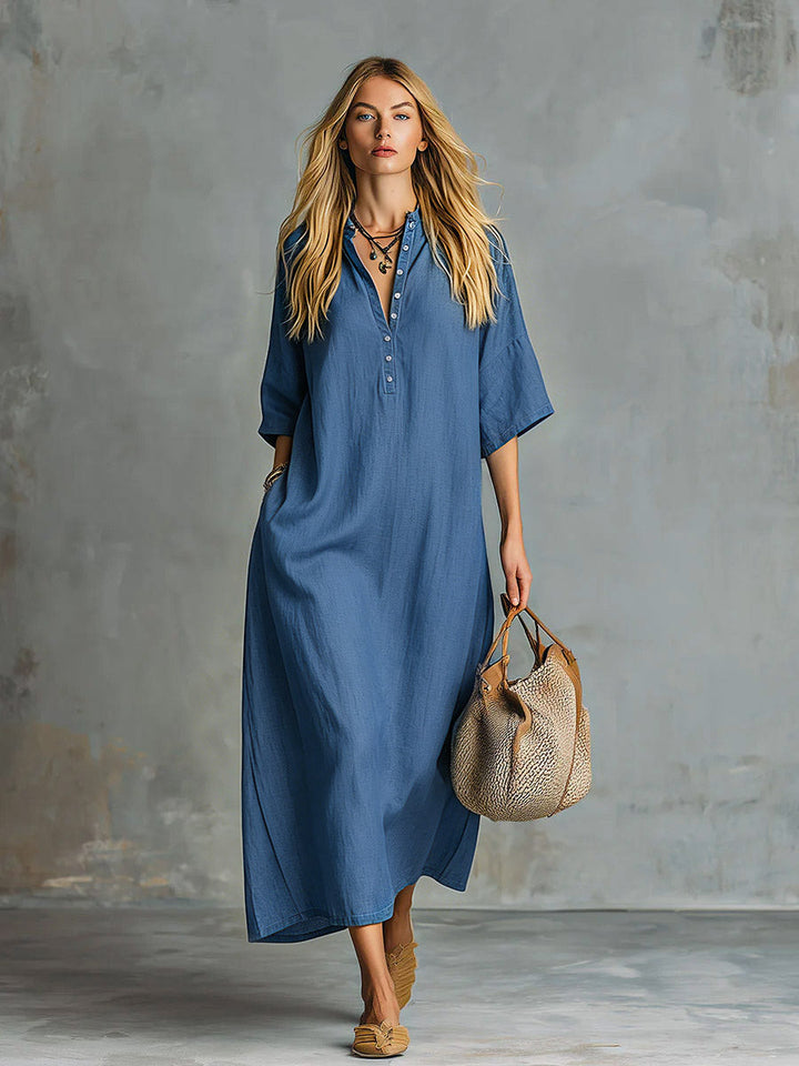 Marlena - Maxikleid Retro für den Alltag aus Jeansstoff mit V-Ausschnitt