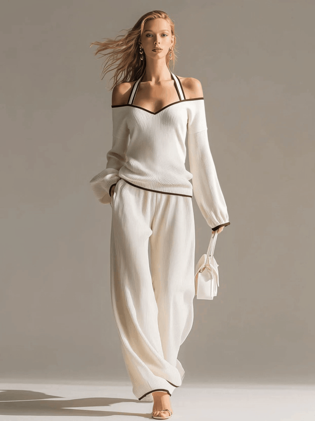 Jasmin - Elegantes Hosen-Ensemble für den Alltag aus Strick gestreift und schulterfrei und ärmellos
