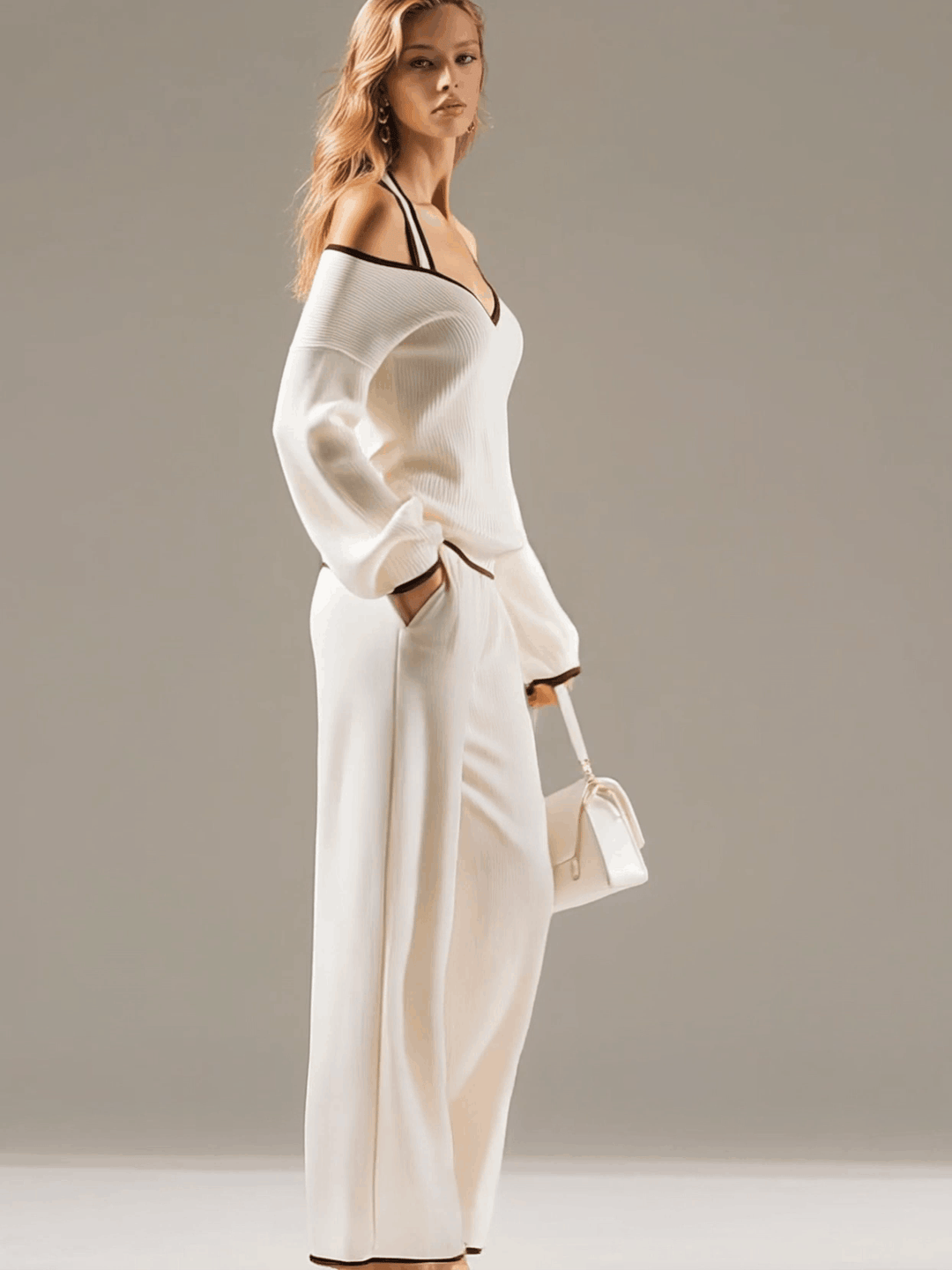 Jasmin - Elegantes Hosen-Ensemble für den Alltag aus Strick gestreift und schulterfrei und ärmellos