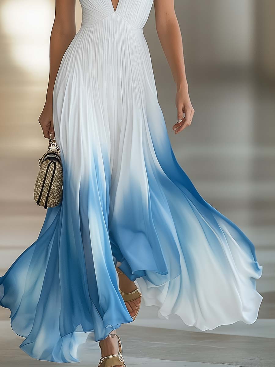 Waltraud - Elegantes Maxikleid für den Urlaub aus Chiffon abstrakt mit V-Ausschnitt und ärmellosem Schnitt