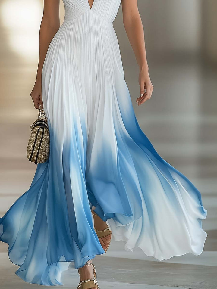Waltraud - Elegantes Maxikleid für den Urlaub aus Chiffon abstrakt mit V-Ausschnitt und ärmellosem Schnitt