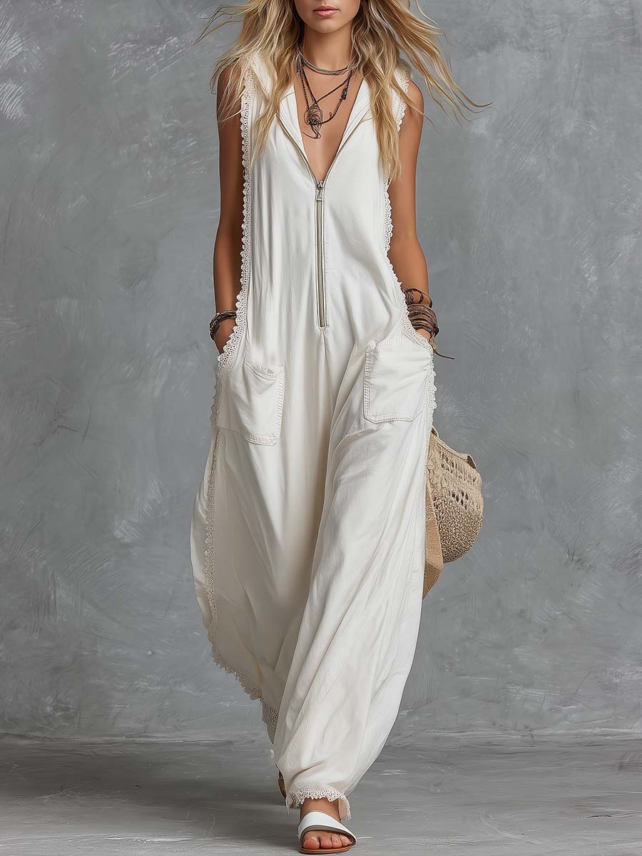 Luise - Overall lässig Retro aus Spitze mit Reißverschluss und V-Ausschnitt und ärmellosem Schnitt