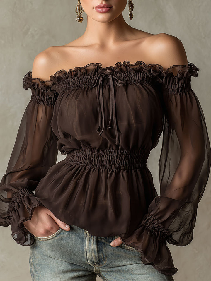 Sigrid - Bluse Western im Retro-Stil aus Chiffon mit Volants und schulterfrei