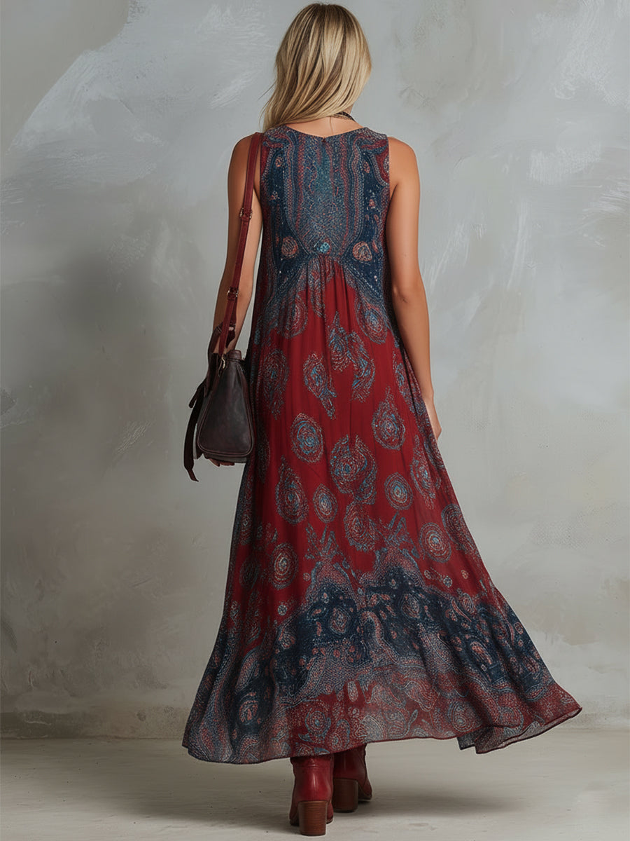 Rike - Maxikleid Western im Retro-Stil aus Chiffon abstrakt ärmellos