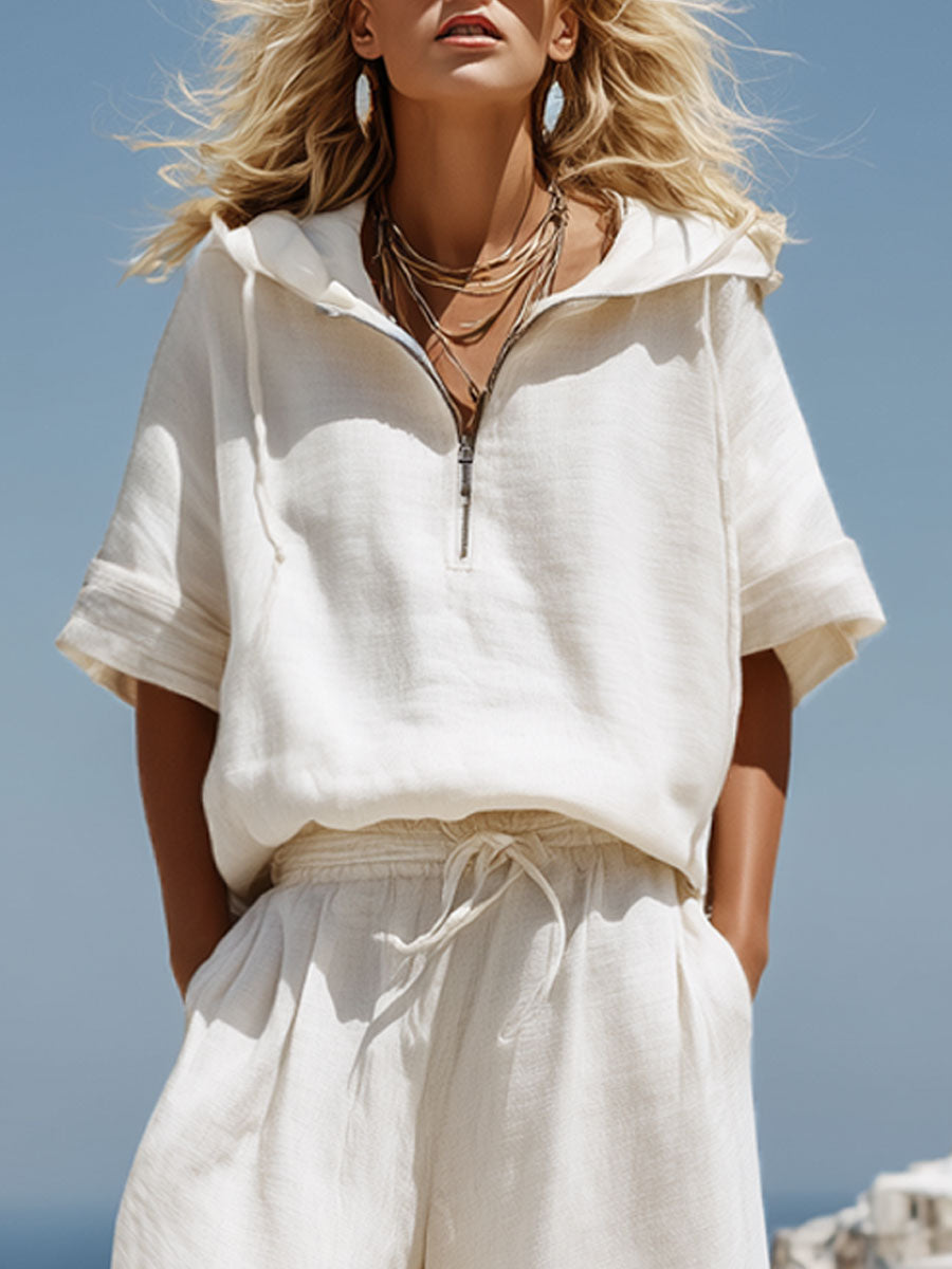 Rita - Ensemble mit shorts Western im Retro-Stil aus Leinen mit Reißverschluss und Kapuze