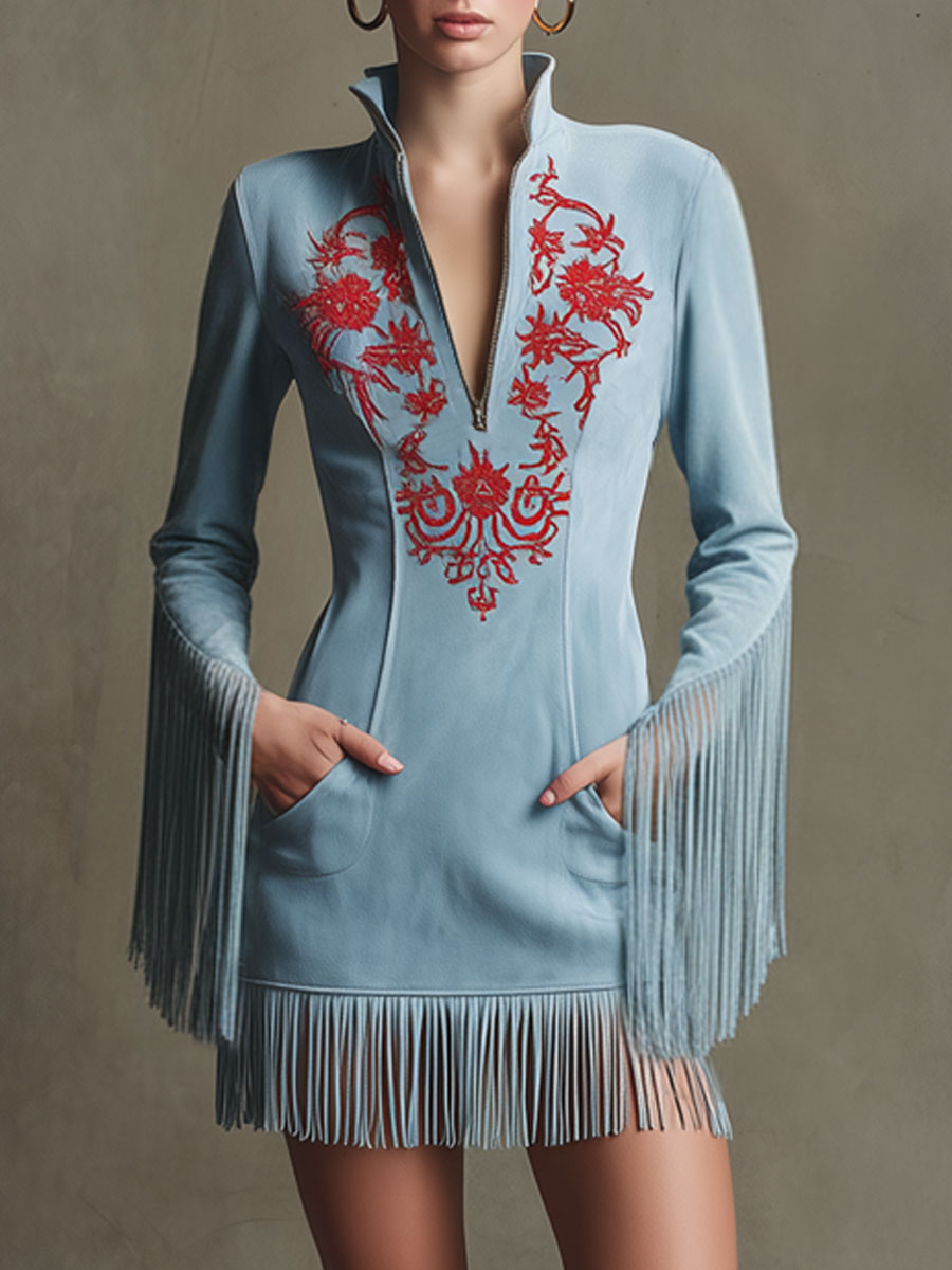 Wilma - Minikleid Western im Retro-Stil aus Kunstwildleder Blumenmuster mit Fransen und Kragen bestickt