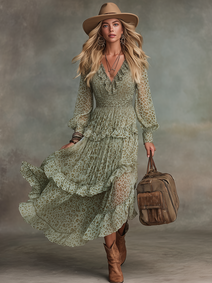 Gesine - Elegantes Midikleid Retro aus Chiffon Leopardenmuster mit Volants und V-Ausschnitt