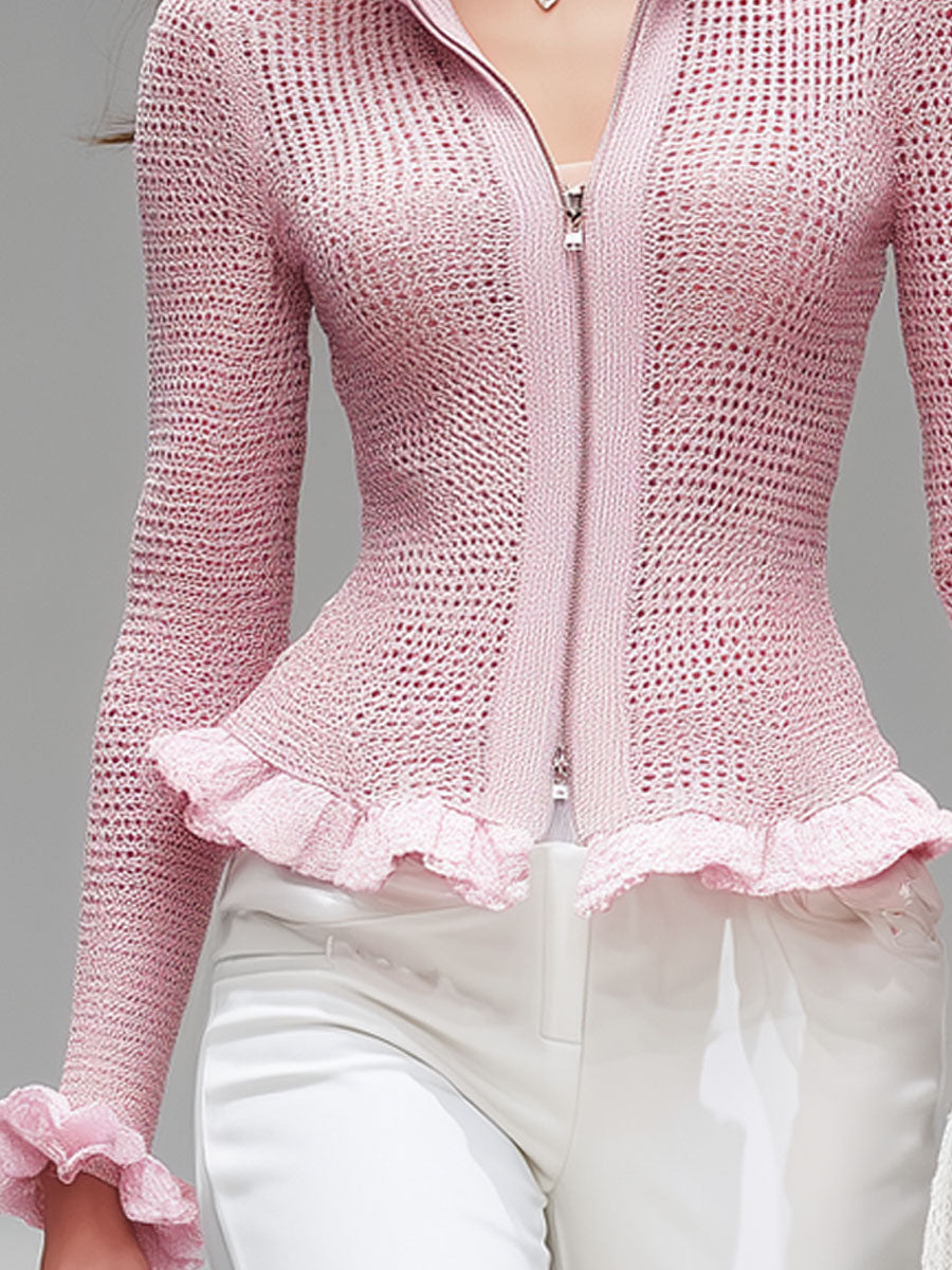 Lotte - Strickjacke für besondere Abende aus Strick im Farbblock-Design mit Reißverschluss und Volants
