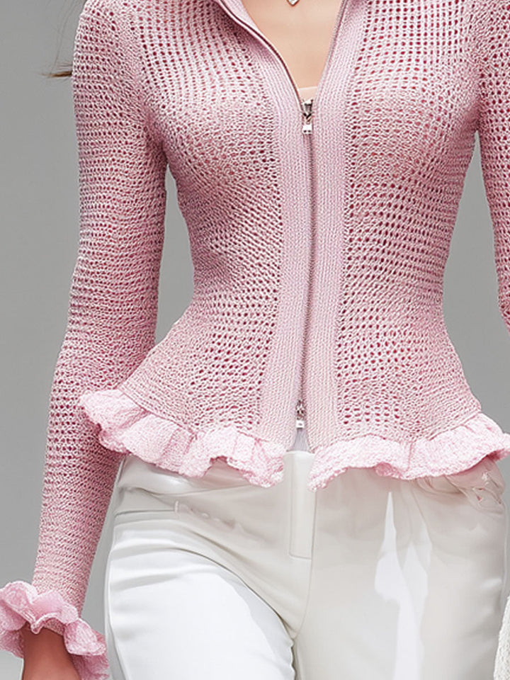 Lotte - Strickjacke für besondere Abende aus Strick im Farbblock-Design mit Reißverschluss und Volants